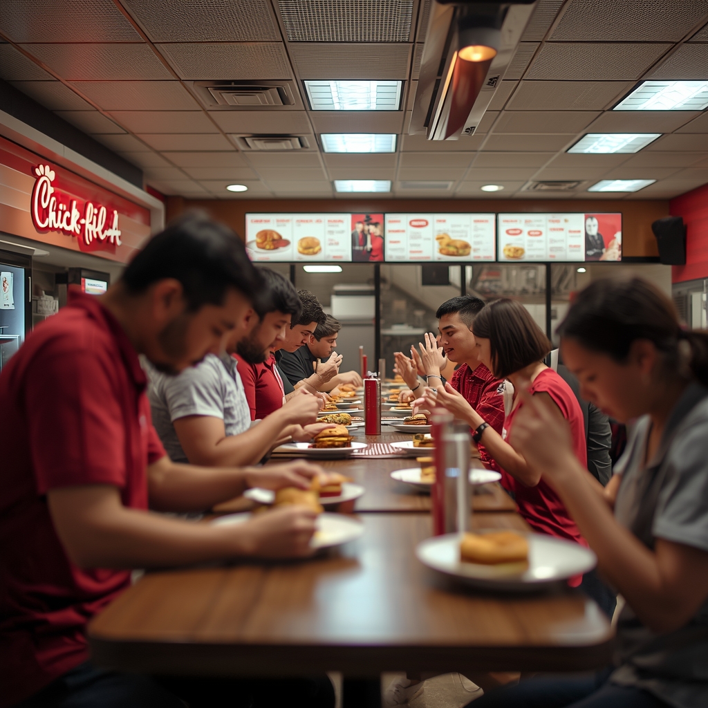lucid origin ultra realistic photo of a chick fil a restaurant during lunch rush customers or 0